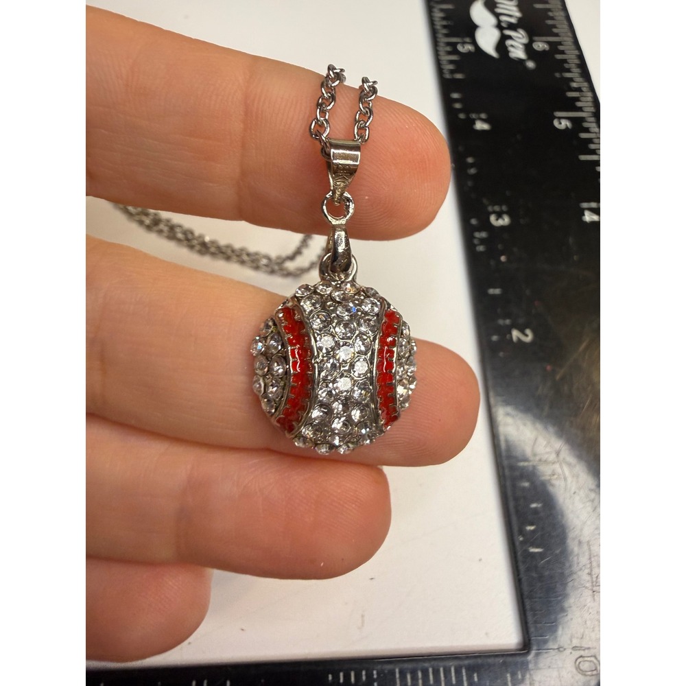 Rhinestone Baseball Pendant Necklace Silver Tone Red Enamel Sports Jewelry